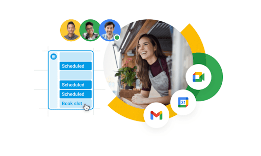 A graphical representation of the Gmail logo surrounded by icons representing its various features and uses within Google Workspace.