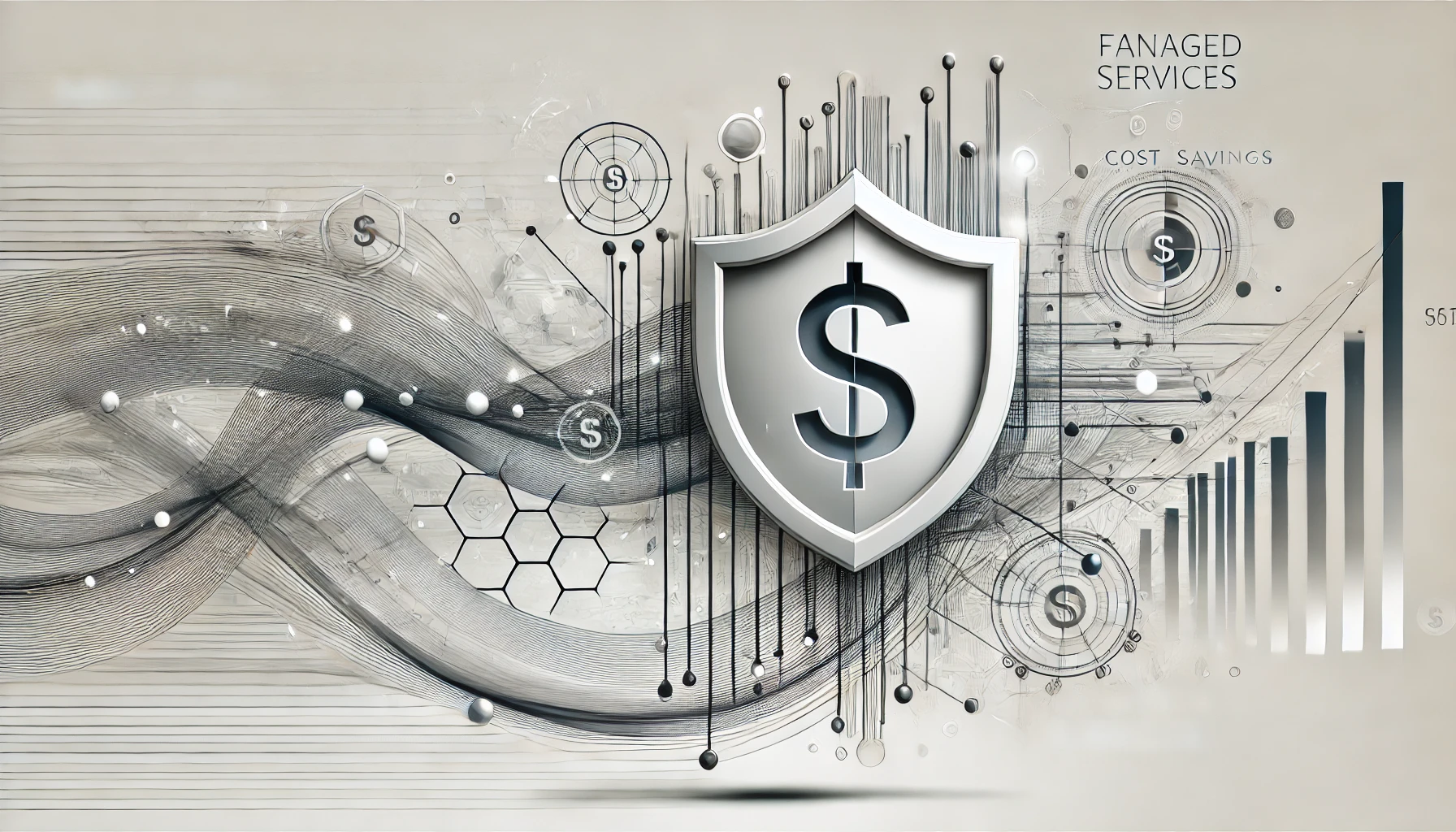 A shield with a dollar sign representing cost security in cloud services, surrounded by digital waveforms and data analytics elements.