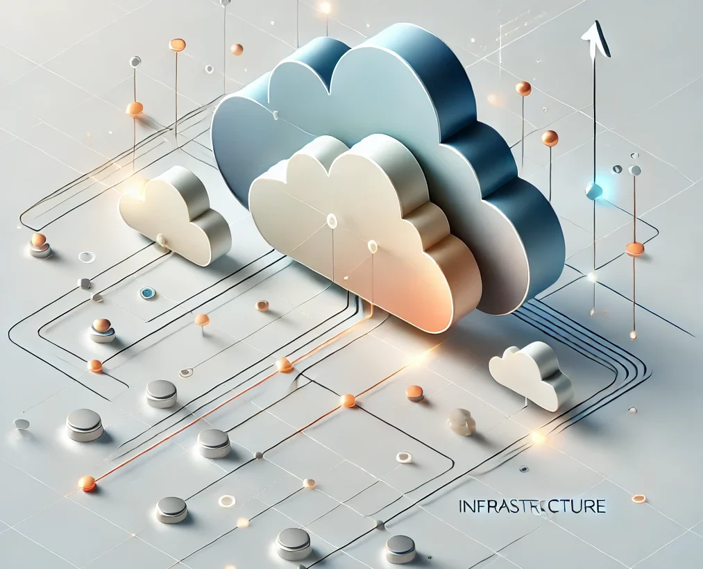 Minimalistic illustration featuring interconnected clouds with upward arrows and layered shapes, symbolizing scalability and modern cloud infrastructure