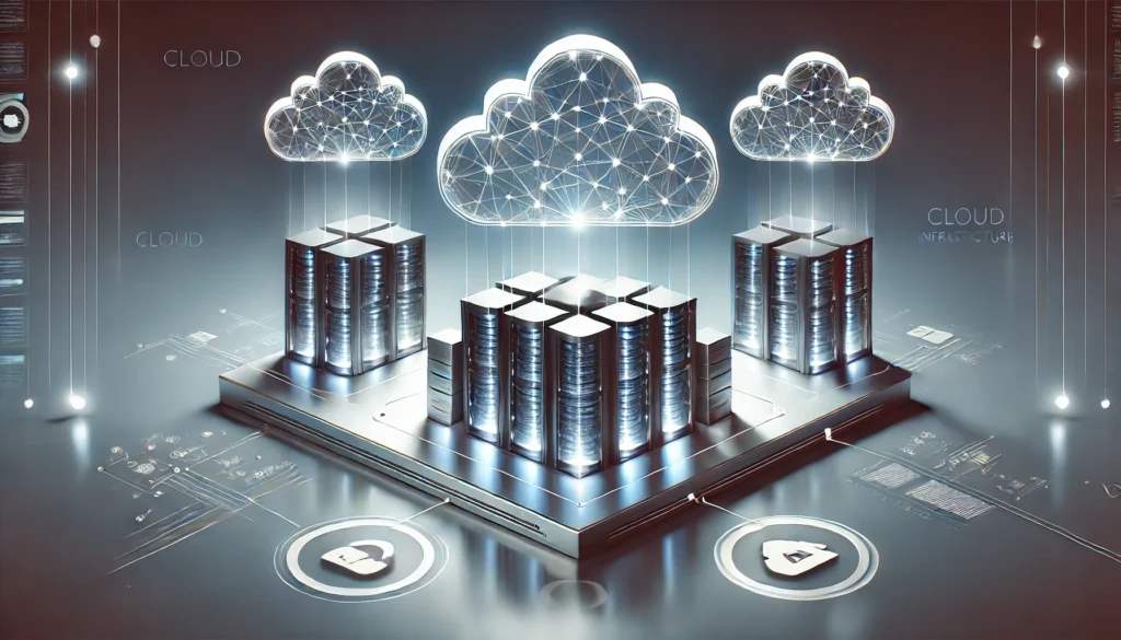 A minimalistic digital illustration of cloud infrastructure featuring a futuristic data center with interconnected cloud symbols, representing virtualization and scalable computing.