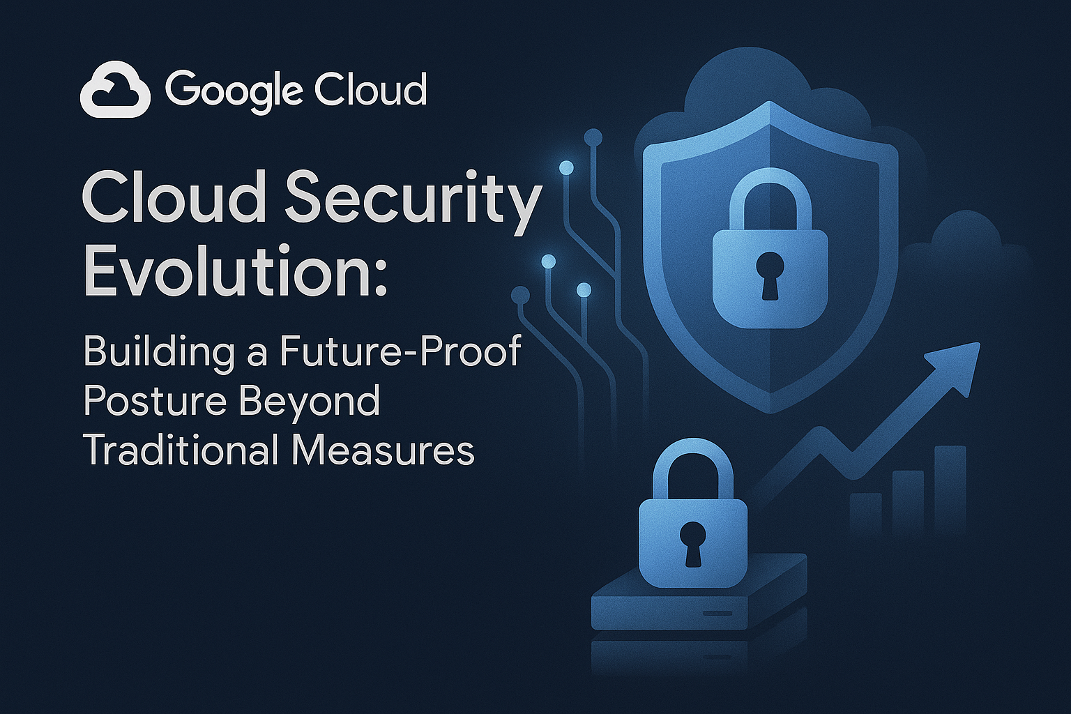 Illustration showing the evolution of cloud security with abstract shields, interconnected cloud components, and secure data flows, representing a modern, future-proof security posture.