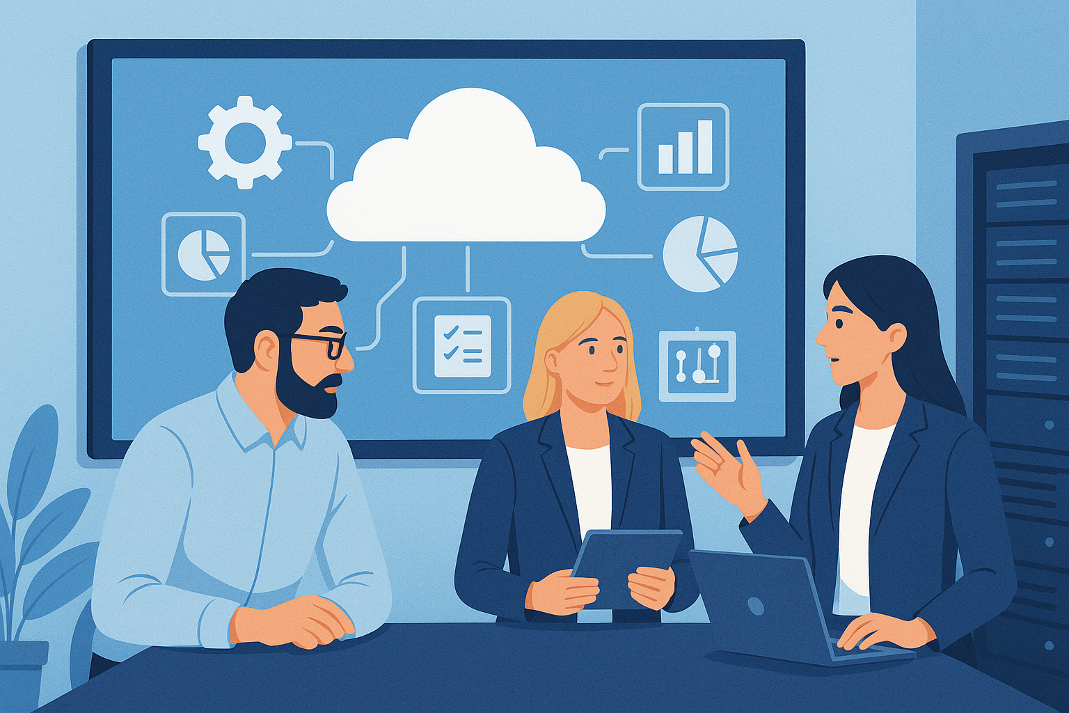 Three professionals engaged in a discussion in a modern office setting, with a large screen behind them displaying cloud computing and data analytics icons.